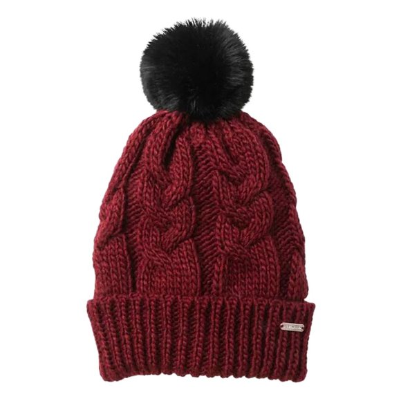 Steve Madden Women's Burgundy Plaid Scarf & Cable Knit Pompom Beanie Hat Set - Picture 3 of 4